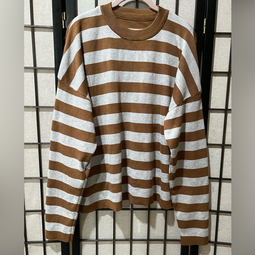 CREWNECK OVERSIZED Striped Brown and GRAY Lightweight Sweater WOMEN SIZE XL